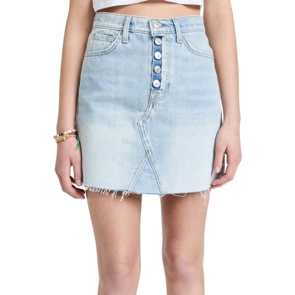 Free People Denim Skirt‎ Button Front Mini Distressed Raw Hem Light Wash